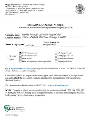 Integra Credit License Oregon