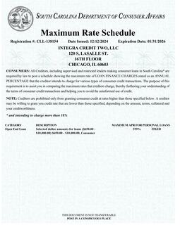 Integra Credit Rate Schedule South Carolina